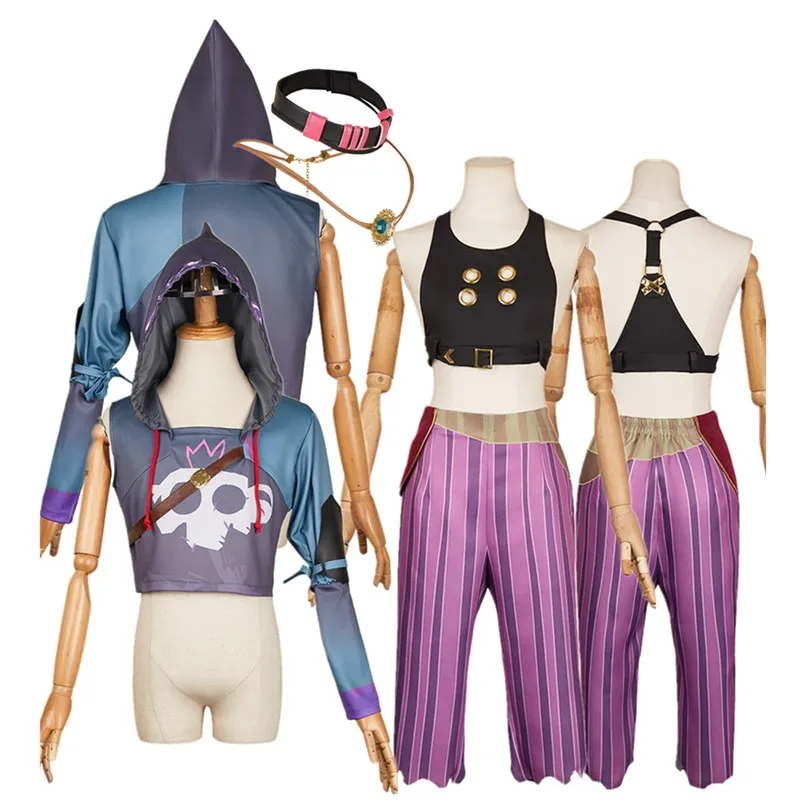 Fanrtasia Arcane Jinx Cosplay Costume LoL Vest Short Adult Ekko Hooded T-shirt Necklace Outfits Halloween Carnival Party Suit