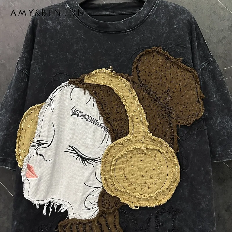 

Heavy Industry Cartoon Sweet Girl O-Neck Short Sleeved T-shirts Pullovers Ladies Loose Casual Versatile Top Autumn New Cute Tees
