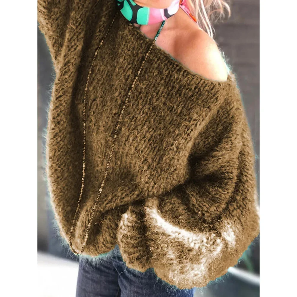 Temperament Sexy Solid Color Irregular Knitted Plush Sweater 2024 Autumn And Winter Slanted Shoulder Loose Fashion Bat Sleeve Sw