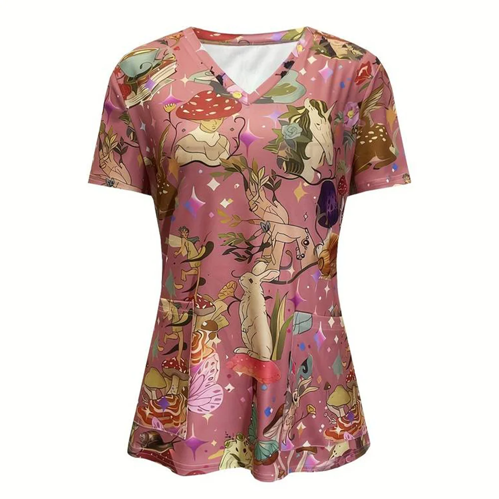 Surgical Uniforms Woman Funny Cartoon Prints Dental Nurse Tops Fashionable V-Neck Short-Sleeve Micro-Stretch Nurse Uniform Woman