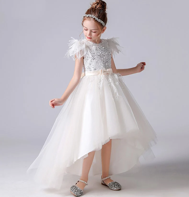 White Flower Girl Dress for Wedding Tulle Feather Sequins Bow Princess Party Ball Gowns First Communion Junior Bridesmaid Dress