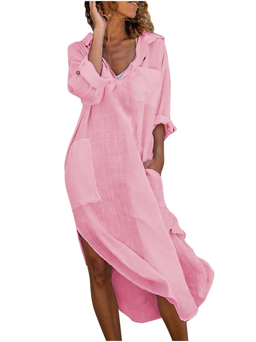 

Women's Bathing Suit Cover-Up Dress Solid Color Long Sleeve Lapel Side Slit Mid Shirt Dress Vestidos Female Tunic Robe Beachwear