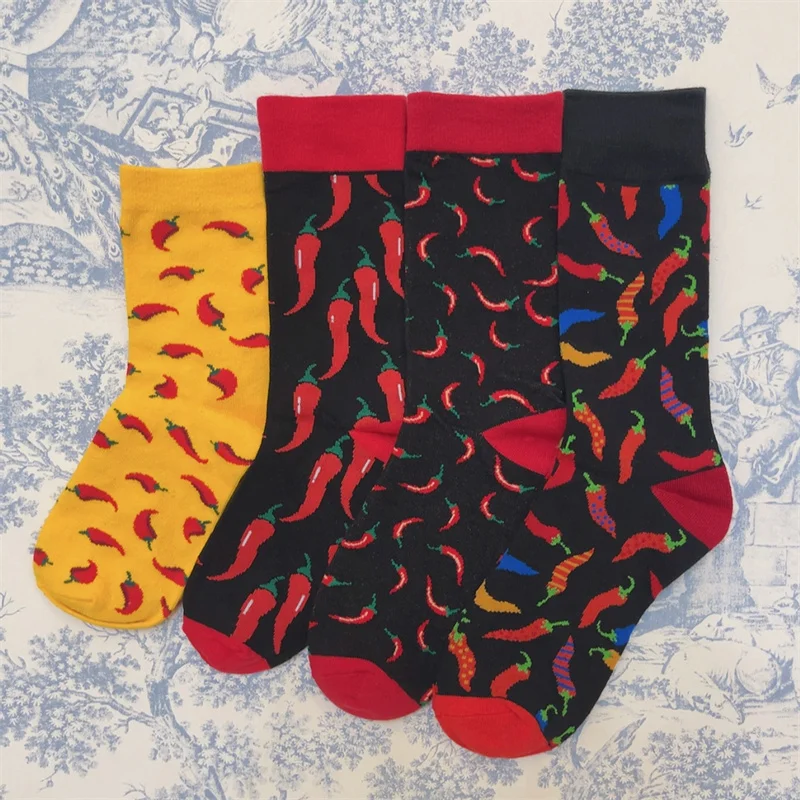 Adult Crew Unisex Bell Mixed Sweet Funny Vitamin Socks Green Veggie Vegetable Little Chili Spicy Color Chilli Hot Red Pepper Sox