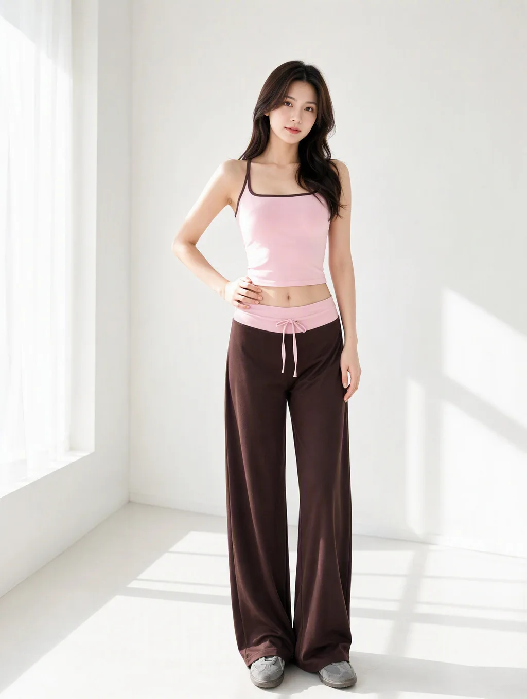 Damen-Freizeit-Sweatpants mit weitem Bein, umlegbarem Bund, ausgestelltem Schnitt, Yoga-Lounge-Hose, Pilates, Outdoor-Sport, Training, genähte Leggings – Detail 5