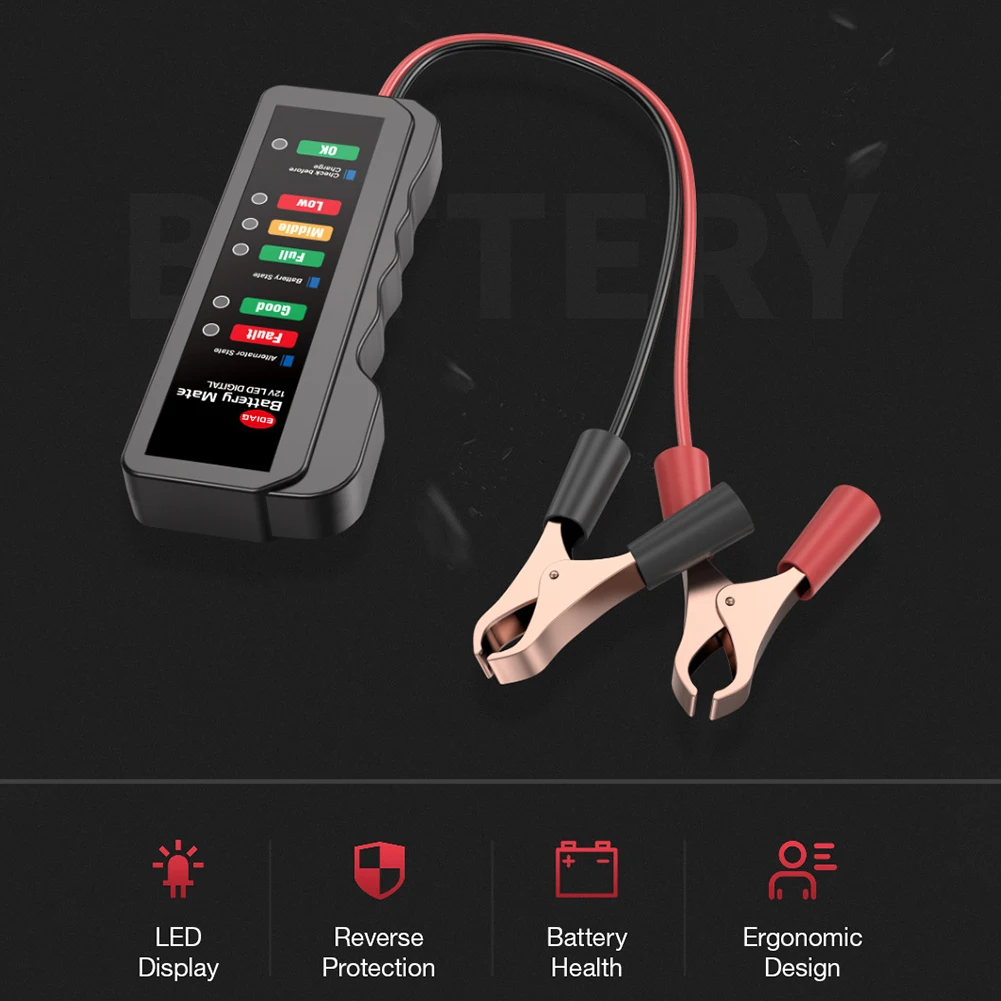 Battery Tester Analyzer with 6 LED Lights Display 12V Car Quick Cranking Charging Circut Alternator Cars Diagnostic Tools