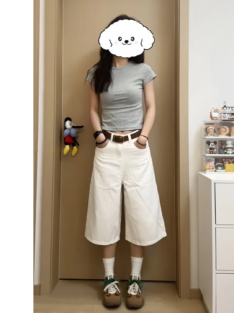 

White High Waist Wide Leg Jeans Women's Summer Loose Fit Casual Denim Shorts Versatile Trendy Seven-Foot Pants