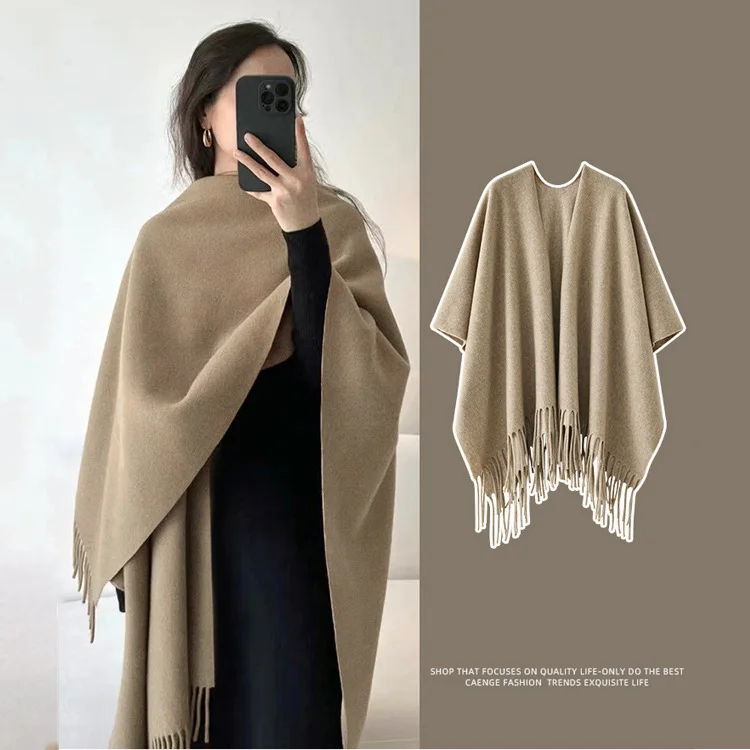 

Womens Solid Color Wool Cloak Cape Shawl Warm Winter Outerwear Slit Design Premium Bestseller