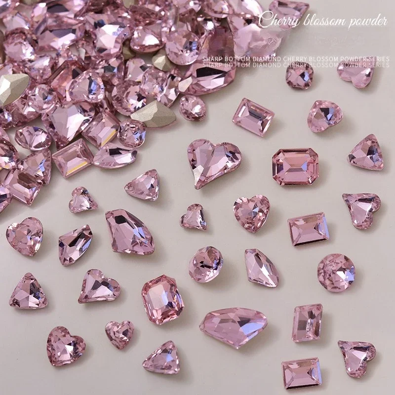 6Pcs Pink Pointed Back Heart Nail Rhinestones Multi-facet Irregular Peach Heart Glass Crystal Nail Charms For DIY Manicure Decor