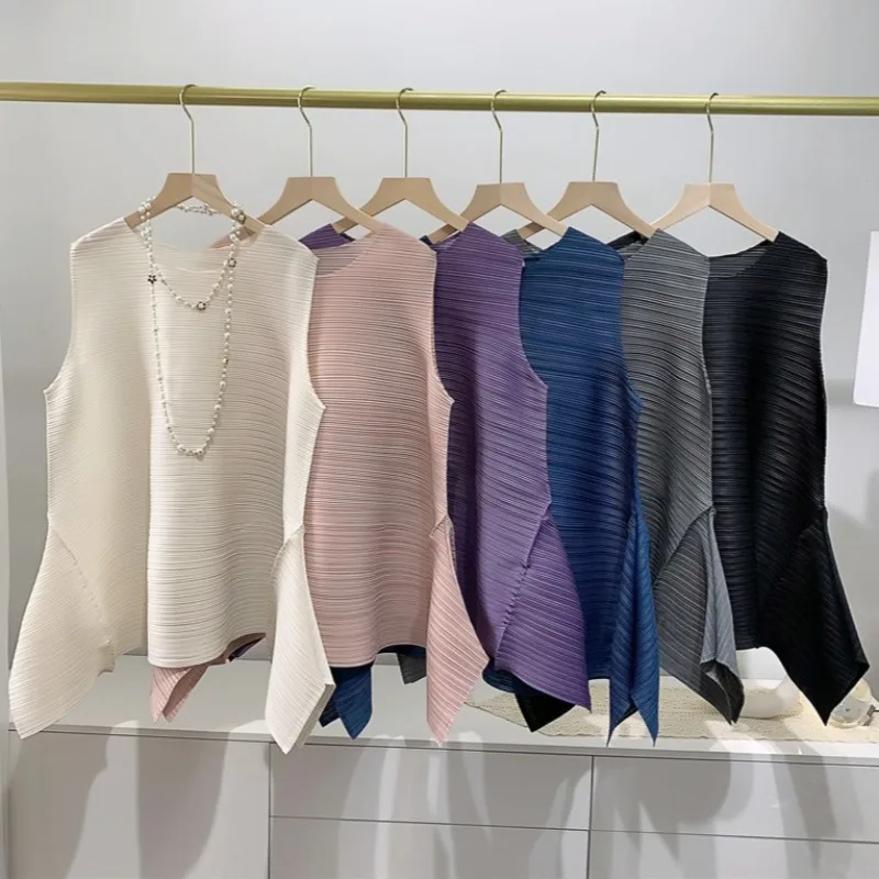 

Miyake Women's Pleated Top Hem Vest T-Shirt Sleeveless Simple Loose Large Size with Stretch Casual Woman Clothes Lightweight