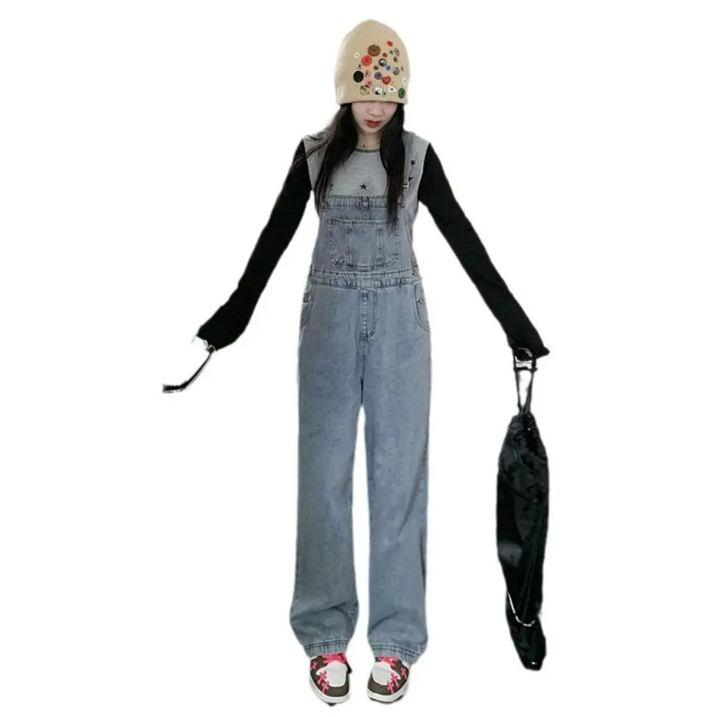 

Женские джинсовые брюки с высокой талией на бретелях, корейский стиль, большие размеры, прямые свободные облегающие брюки, уменьшающие возраст, осень-зима