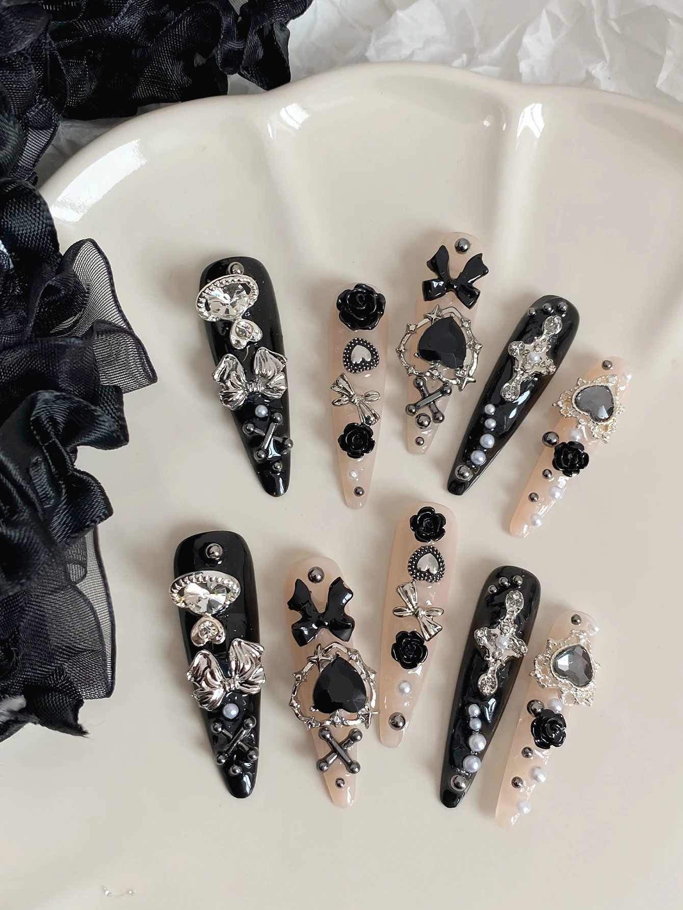 Handmade Press On Nails, Long Almond False Nails, Gothic Black Rose, Bow & Heart Rhinestone Charms, Cross Pearl Decor