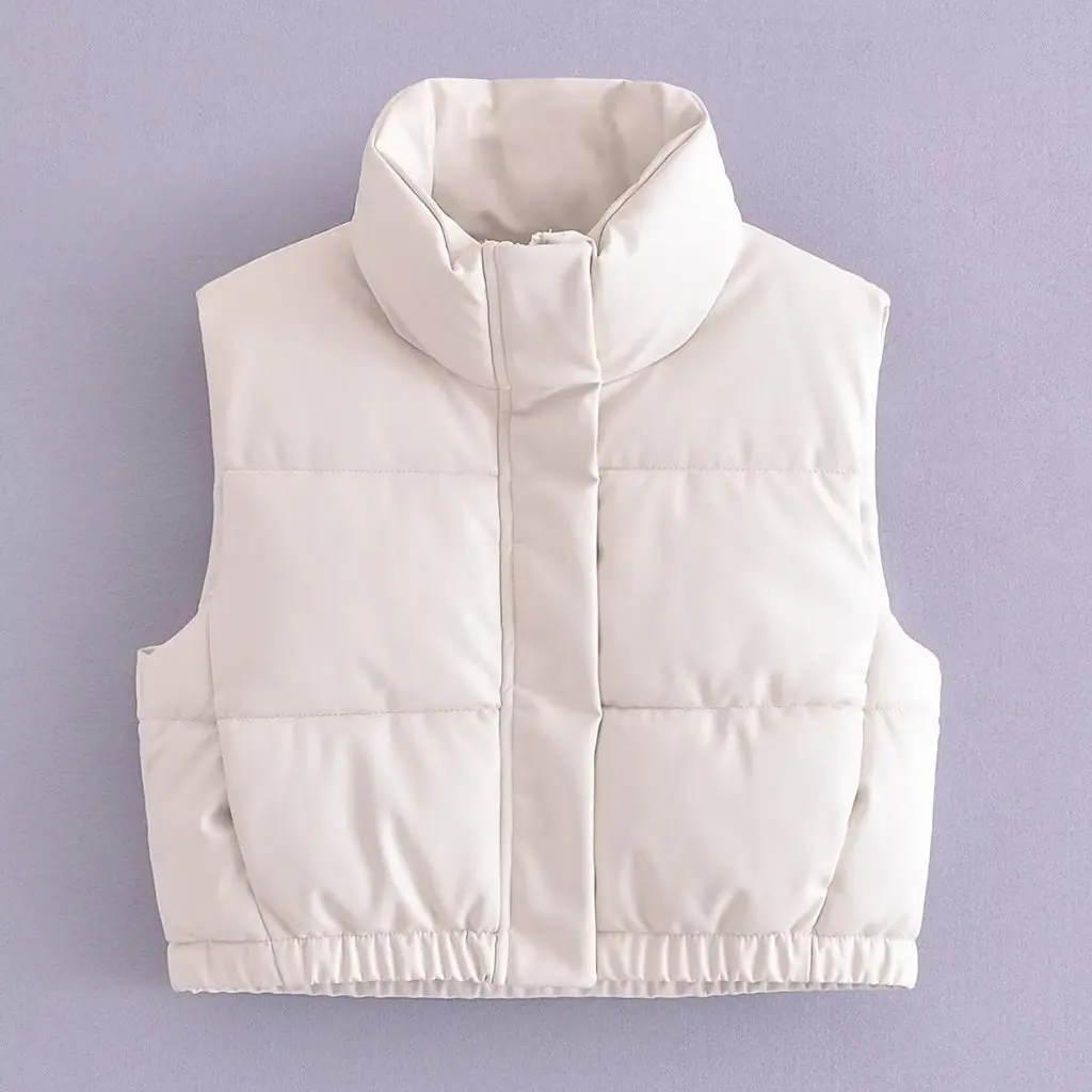 

Women's Solid Color Stand Collar Sleeveless Zipper PU Imitation Leather Cotton-Padded Jacket Vest Autumn Fashion