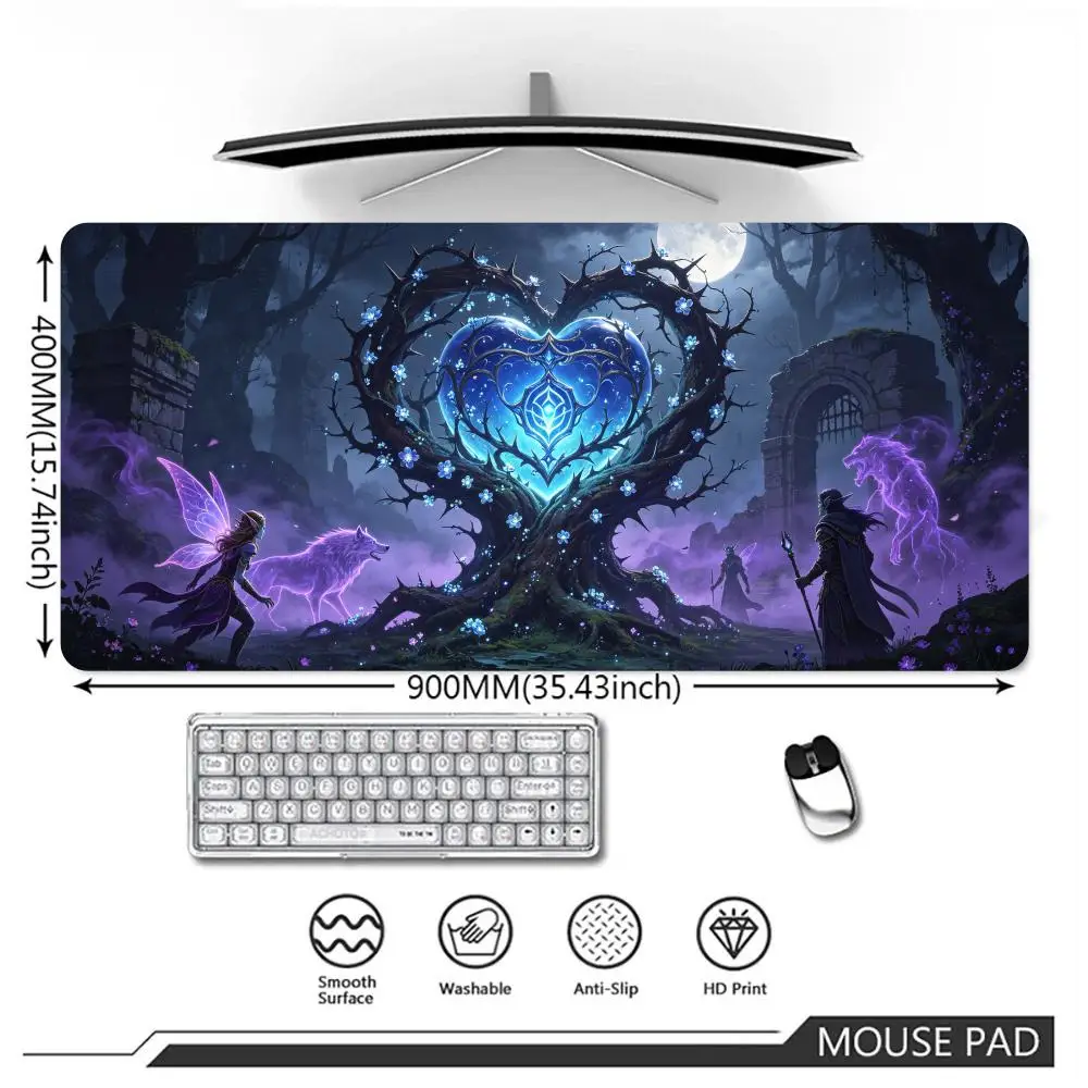 XXL Dark Fantasy Night Woods Thorn Heart Play mat with Stitched Edge Non-Slip Rubber Desk Pad for Card Gaming Office mouse pad