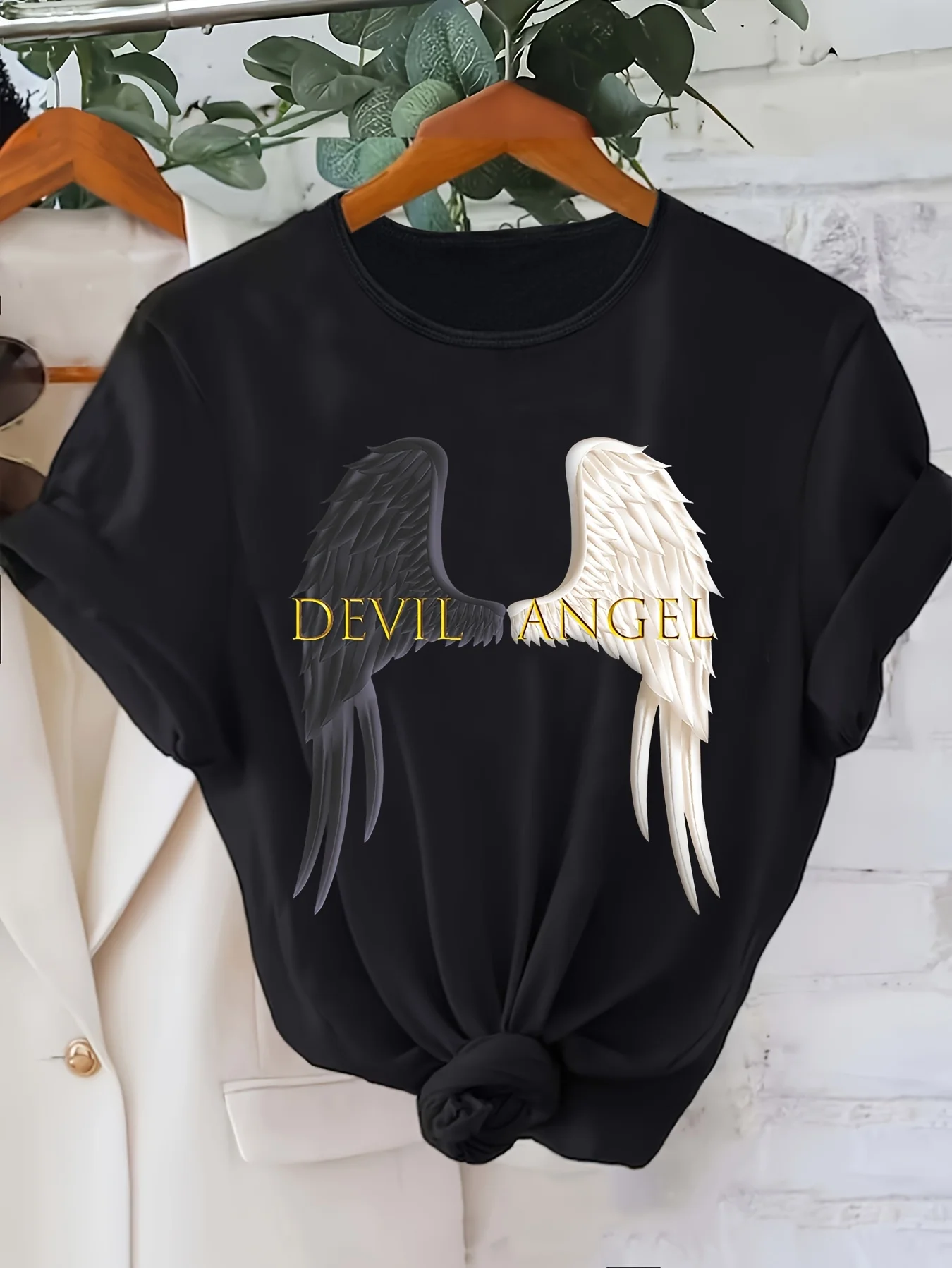 Devil & Angel Wings & Protect Surround You Trust You're Safe Print Crew Neck T-shirt, Casual Fashion Short Sleeve T-shirt, Micro-Elastic, Non-Transparent, Easy to Care Material, Ideal for Casual Attire, Women's Clothing