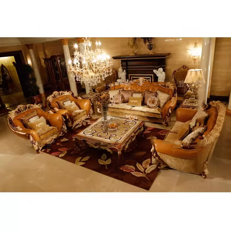 European and American style villa sofas Customized Neoclassical Solid Wood Carved Wooden Carved Golden French Sofa