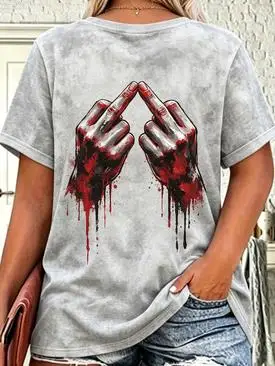 Women Neon Splash OK Hand Gesture Graphic T‑Shirt Colorful Paint Drip Casual Short Sleeve Tee Top