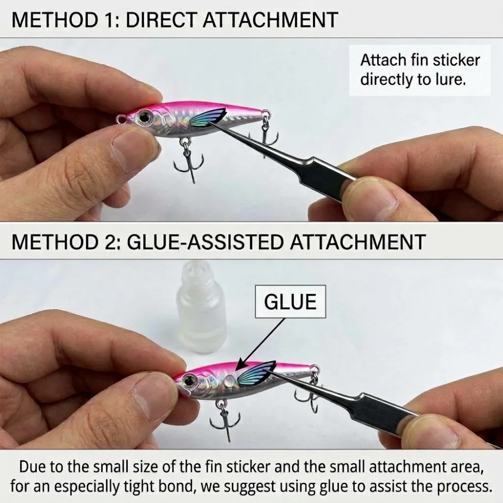 1CM Mini-Fischflossen-Aufkleber, selbstklebend, wasserdicht, holografisch, laserbeschichtet, Brustflossen für kleine Angelköder, Swimbait-Jigs, DIY – Detail 5
