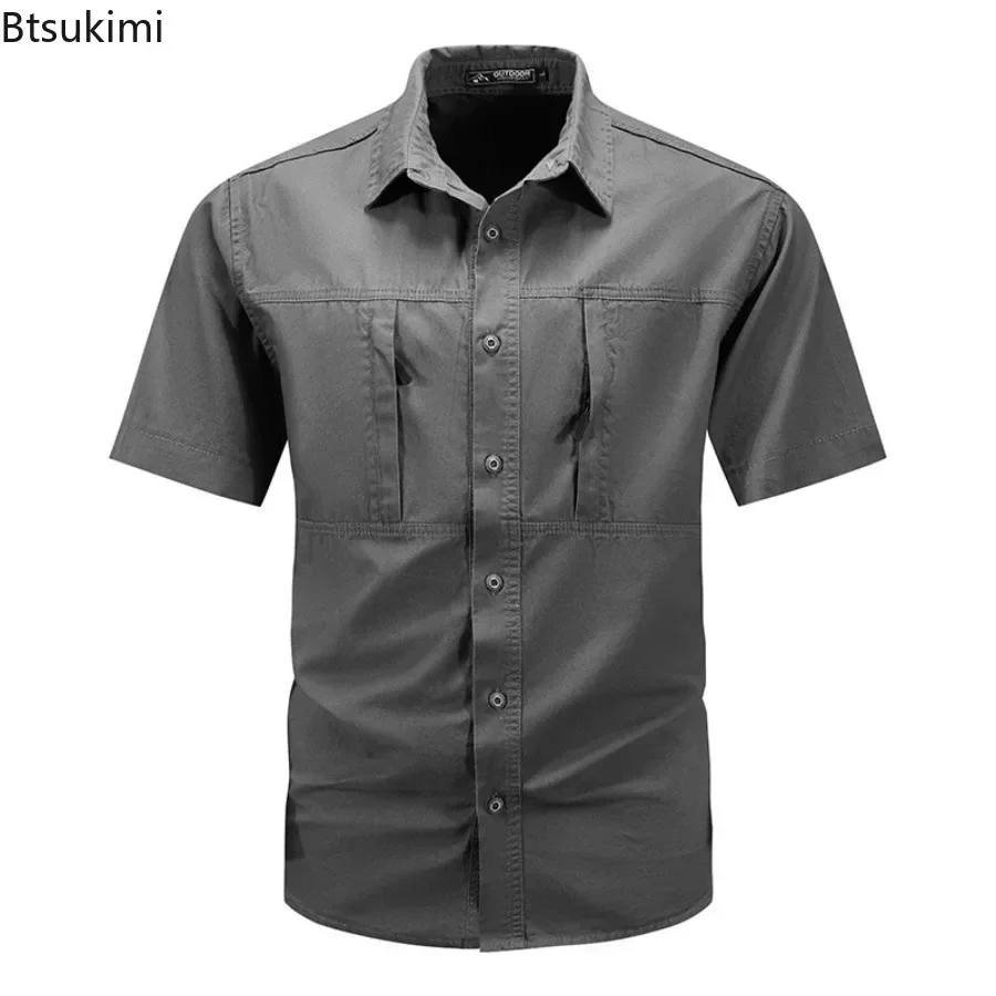 Nuevas camisas tácticas de manga corta 100% de algodón para hombre, camisa Cargo multibolsillos para exteriores de verano, camisetas de trabajo para