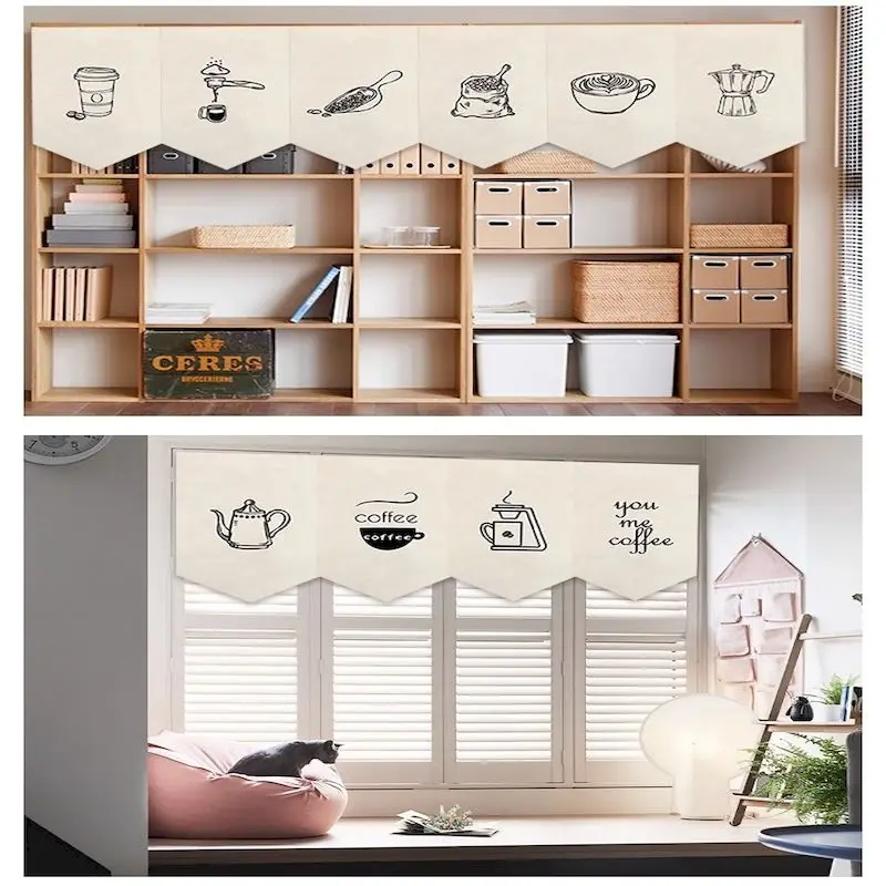 VIKAMA Sketch Coffee Maker Triangle Curtain, 12 Designs, Doorway Decor for Bedroom Living Room Kitchen