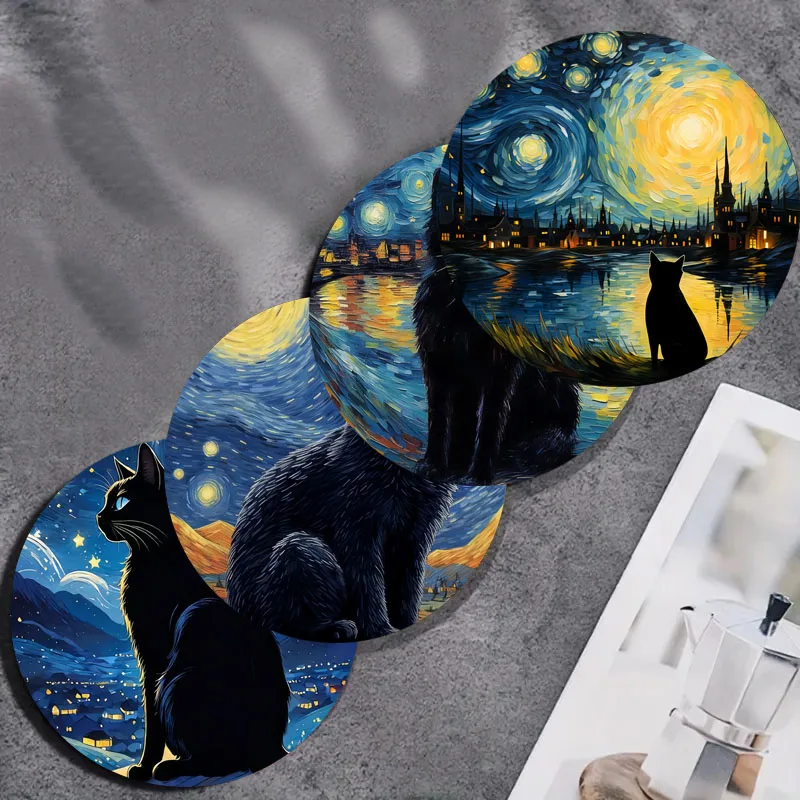 4 Pieces of Cat Printed Coasters, Suitable for Daily Family Party Decoration, Office, Non-Slip Wooden Coasters, Holiday Gifts