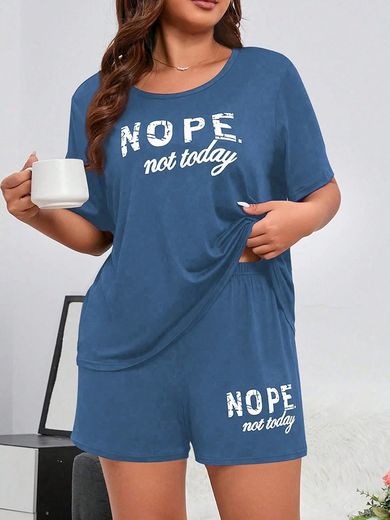 

Letters Print Pajama Set Short Sleeve Tee And Elastic Shorts Plus Size Fit Women's Casual Attire Sports Wear Loungewear Homewear