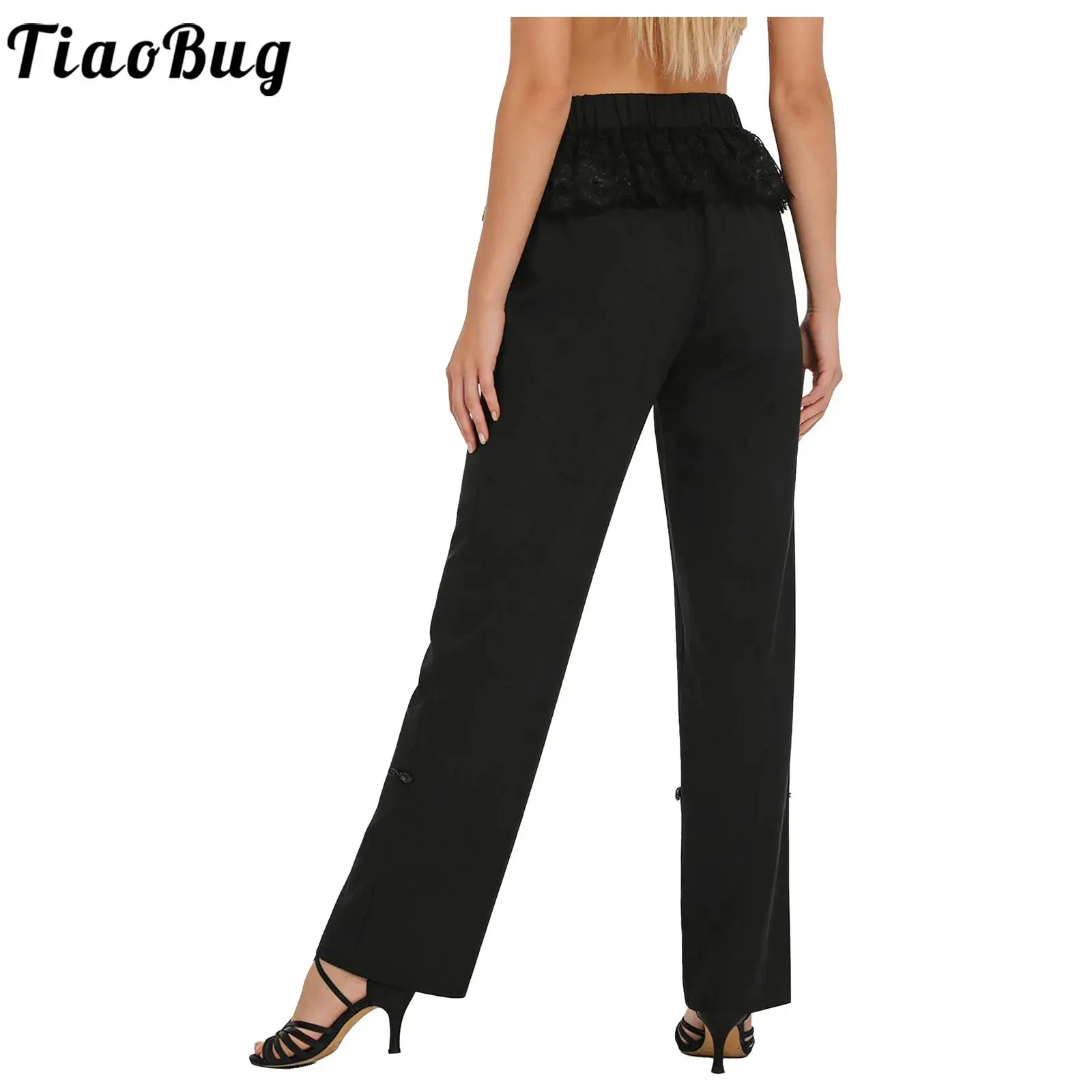 

Women Latin Cha-cha Ballroom Dance Long Pants Ruffled Lace Trim Buttoned Ankle Straight Leg Trousers Tango Rumba Dance Costume