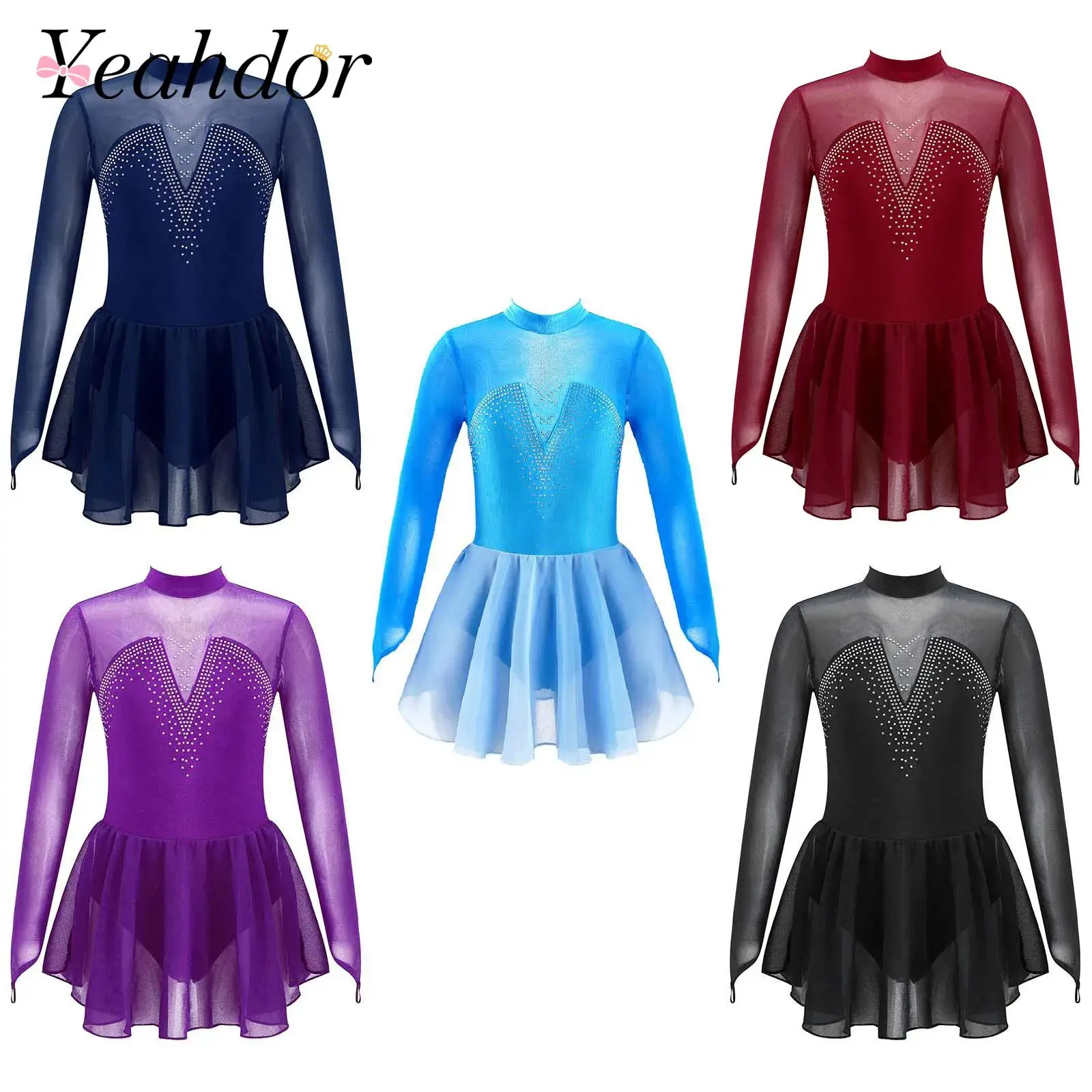 Kids Girls Figure Skating Dance Dress Sparkly Rhinestone Tulle Splice Keyhole Back Ballerina Outfit Gymnastics Leotard Dress