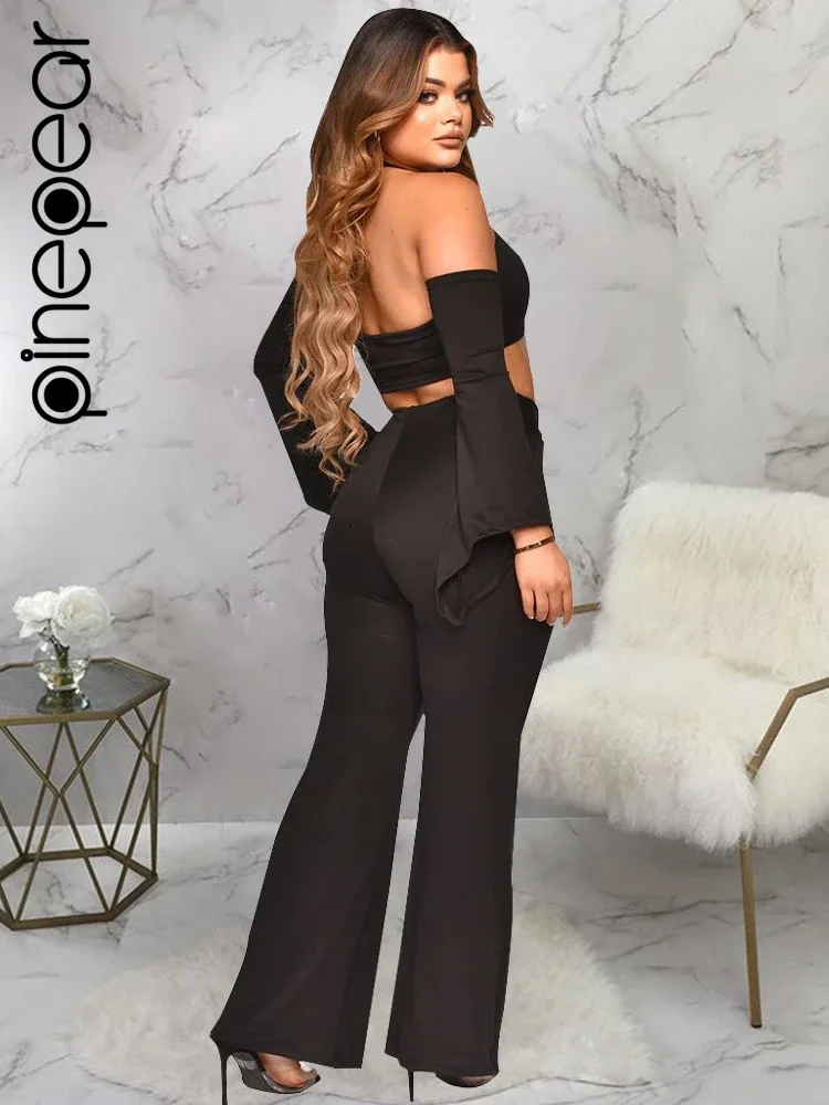 PinePear Halter Bandage 2 Piece Sets Women Off the Shoulder Long Sleeve Crop Top and Flare Pants Elegant Sexy Party Outfits 2025