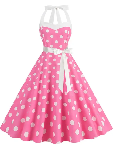 Women Summer Party Dress With Belt Polka Dot Print Halter Hepburn Robe 50s 60s Vintage Dresses