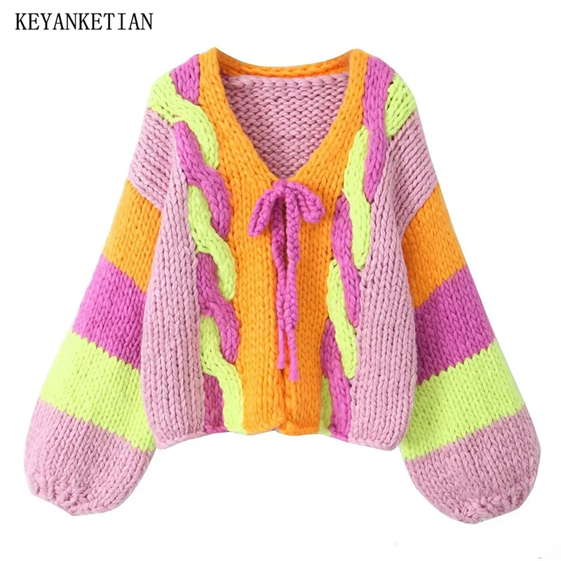 KEYANKETIAN Winter New Women\'s Bow Lace Up Handmade Sweater Boho Holiday wind Contrast Color Coarse Yarn Twist Knit Cardigans