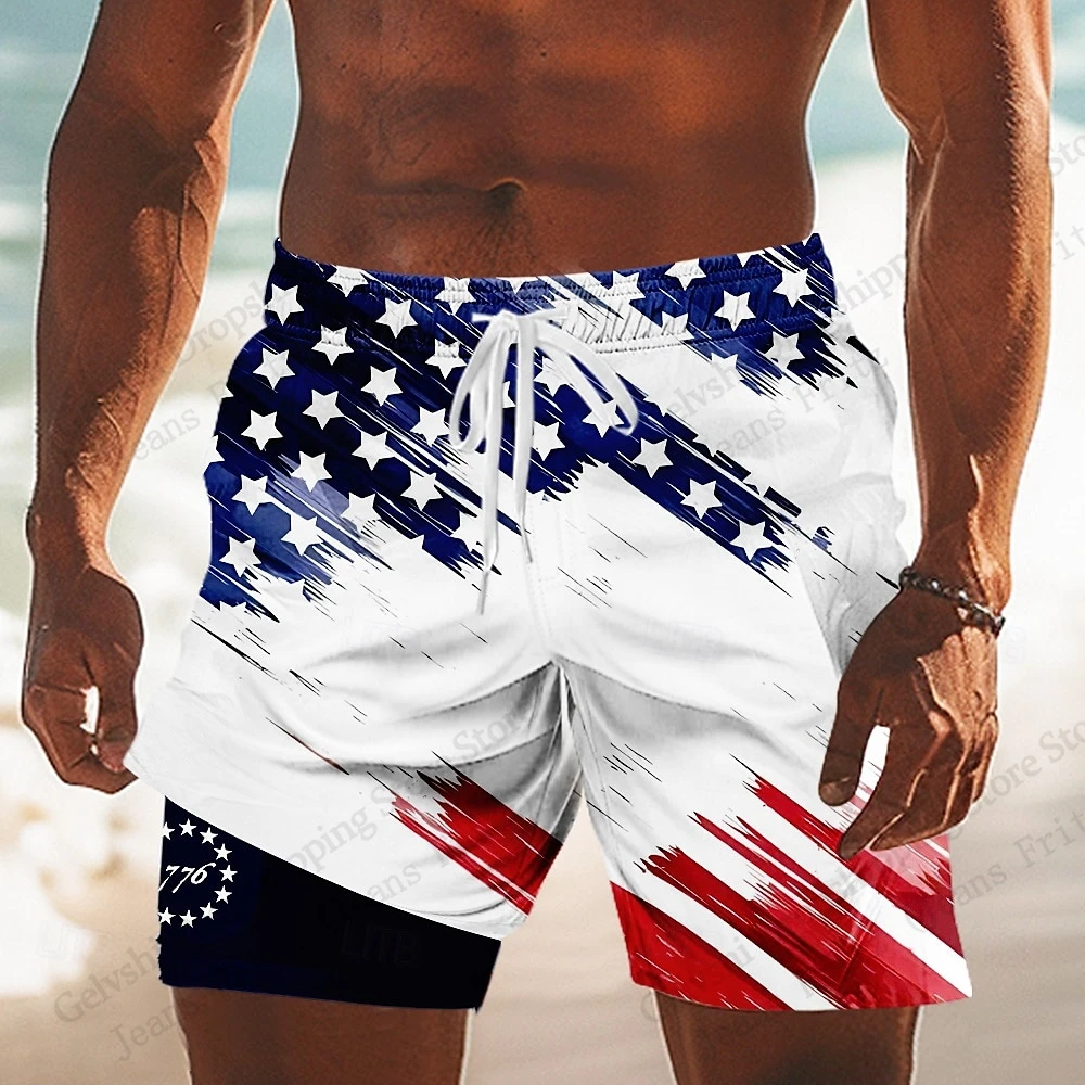 Men's Board Shorts Men's Short Independence Day short July 4th USA Flag 3d Hawaiian Beach Short Swim Trunk Sports Pant Boy Brief