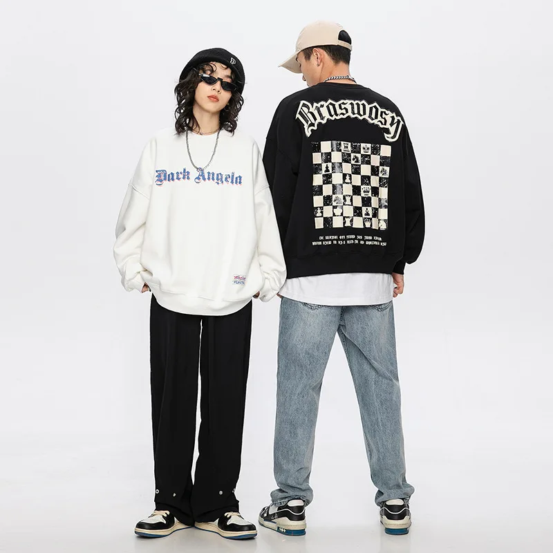 FAVRE Checkerboard Print Sweatshirts Mens Roundneck Letter Pullovers Women Spring Autumn Ins Casual Korean Version Couple Tops