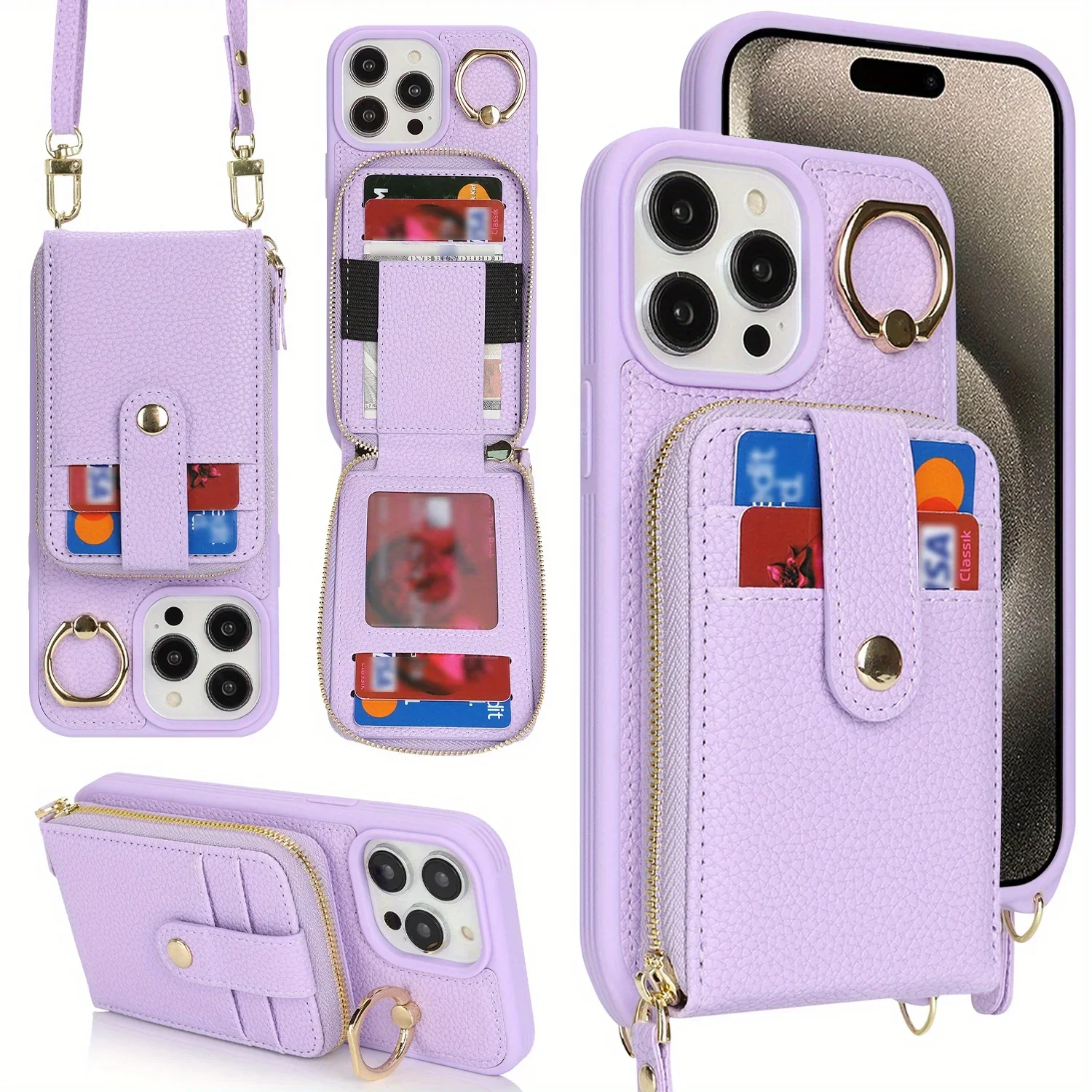 

Чехол-кошелек через плечо на молнии для iPhone 16 Pro Max 15 14 Plus 13 12 11 SE, большой емкости, слот для карт, RFID, чехол из искусственной кожи