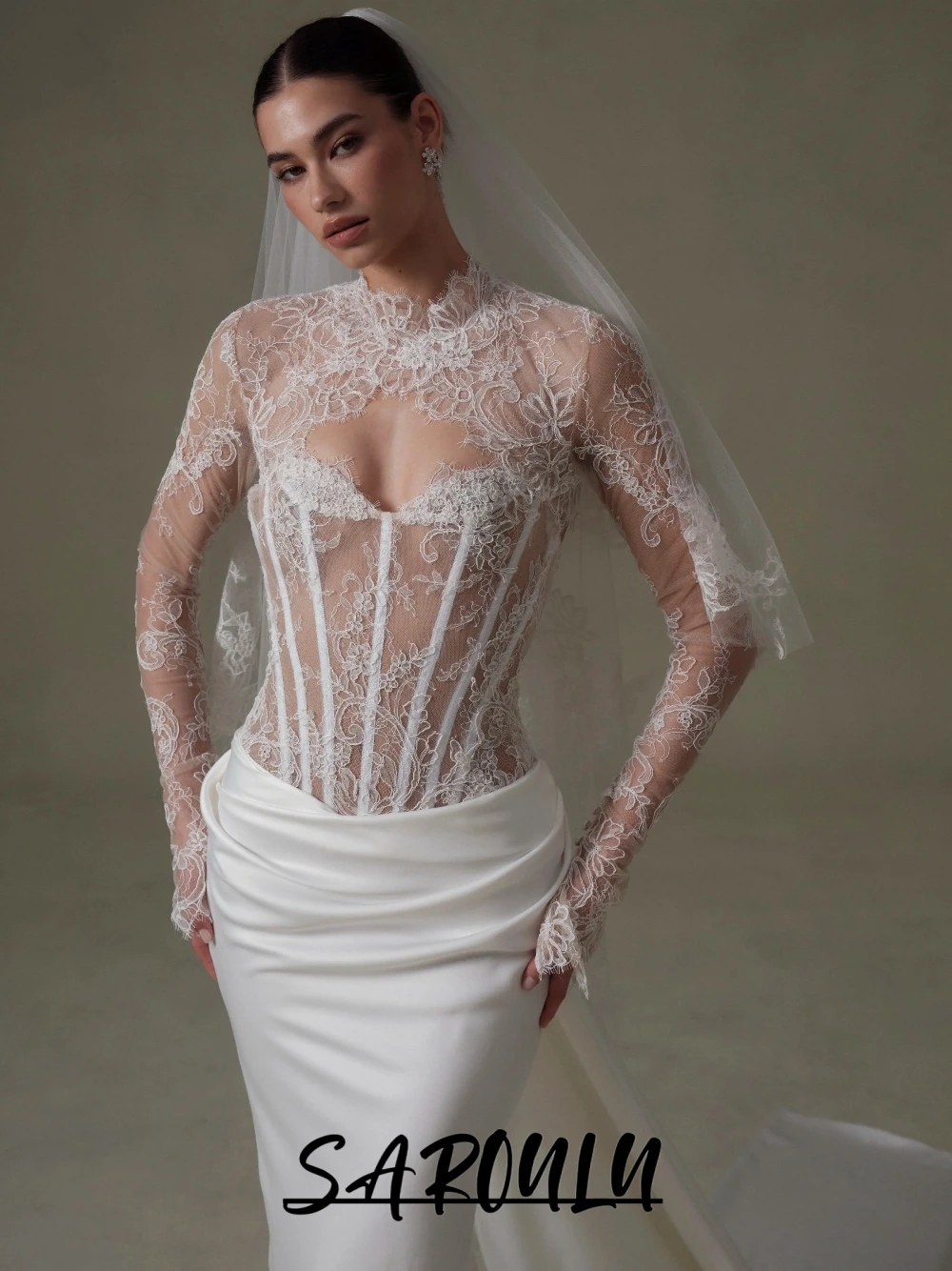 

Dreamy Lace Corset Wedding Dress, Unique Detachable Jacket, Flowing Satin Train, Elegant Mermaid Customized Bridal Gown