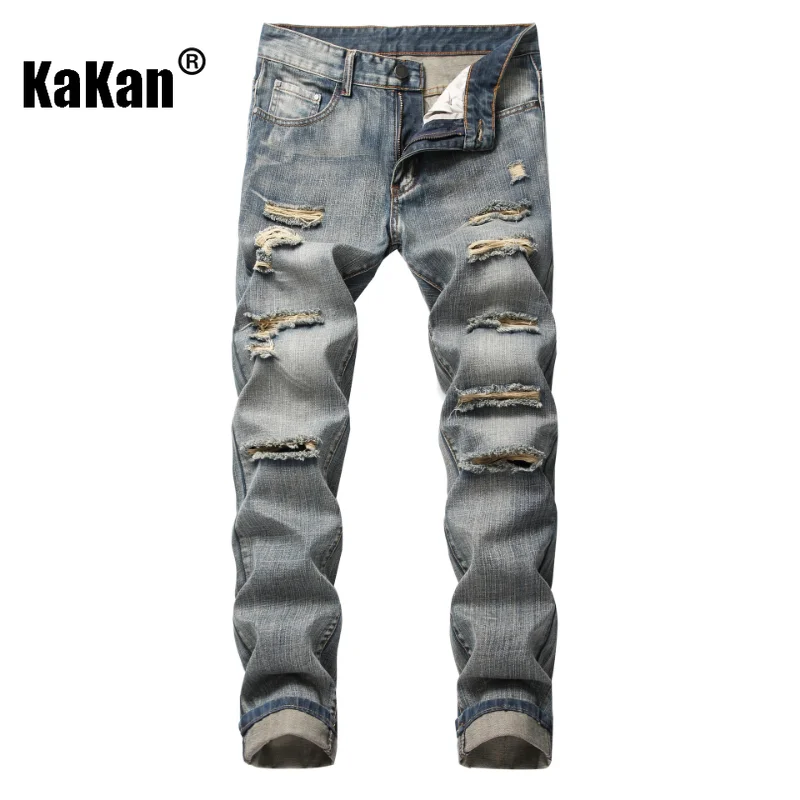 Kakan - New European and American Style Ripped Straight Fit Bulletless Jeans for Men, High Street Tattered Long Jeans K59-1111