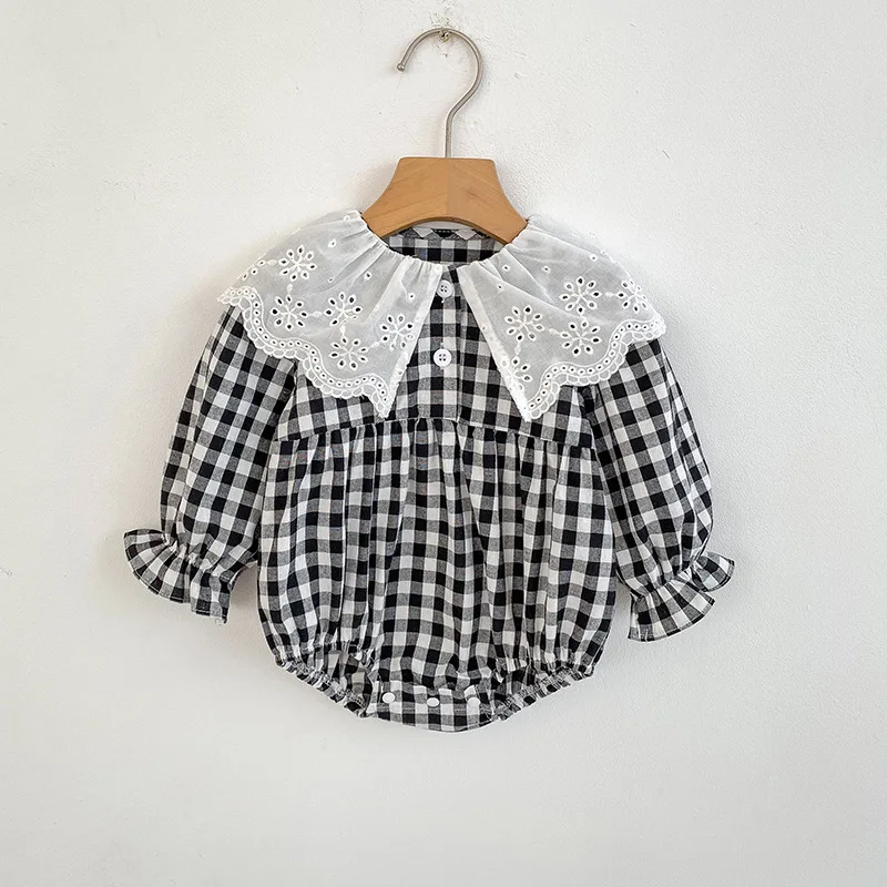 

Spring and Autumn New Lace Patchwork Plaid Dress for Girls Long Sleeve Princess Dress Baby Romper Bodysuit Children's Clothing