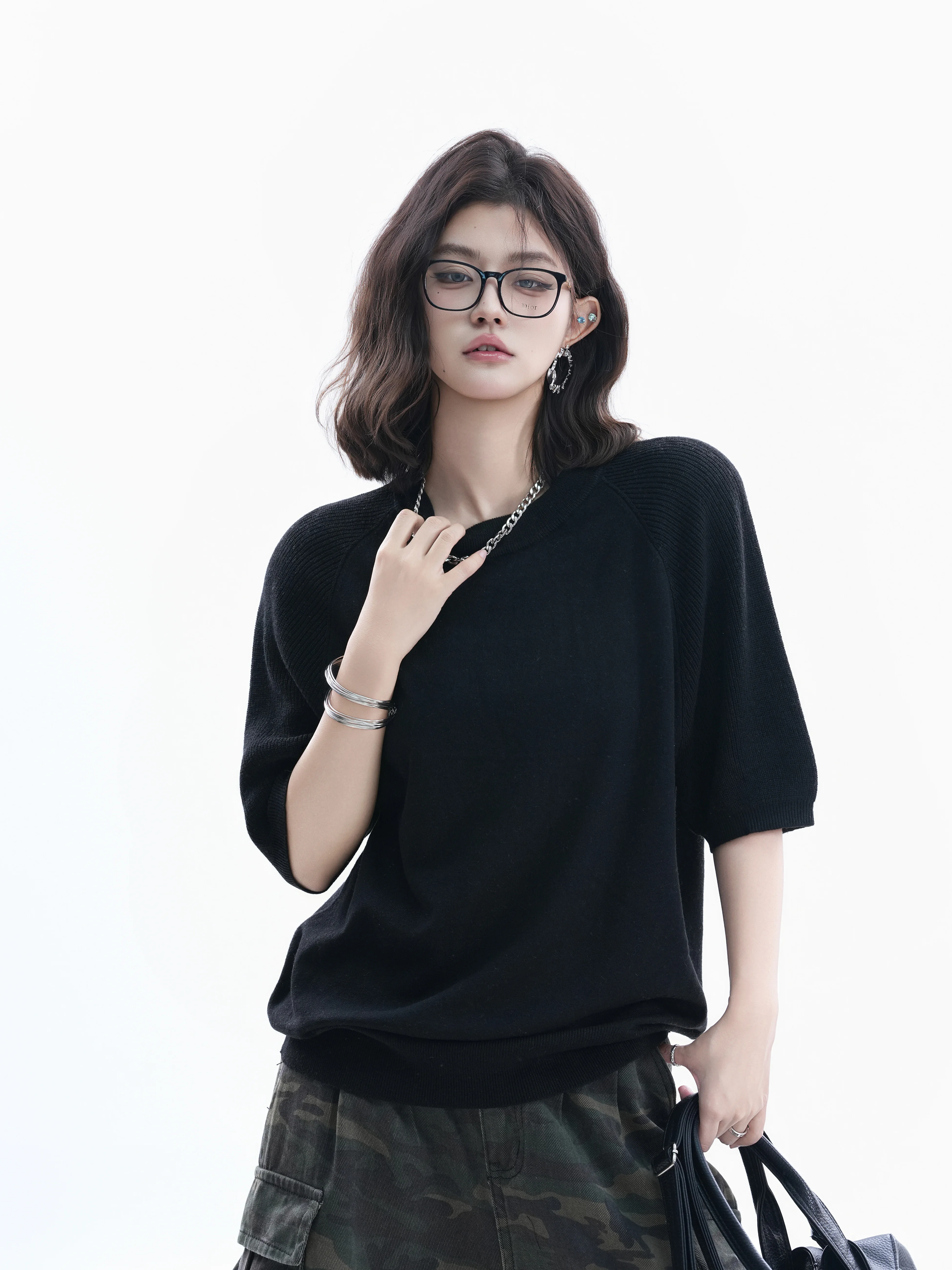 American Retro Knitted Top Shoulder Sleeve Loose Women's Lazy Style Design Couple Small Audience Upper Body Polyester Blend