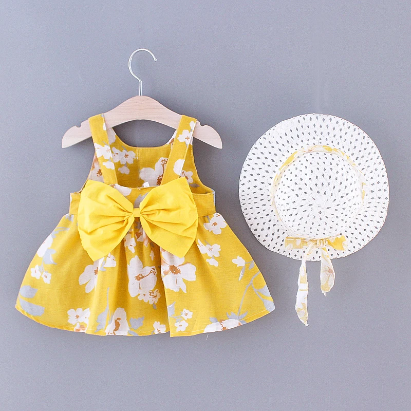 

2 Pcs Girl's Summer Fashion Flower Big Bow Dress with Hanging Straps Girl's Pure Cotton Dress Comes with Sun Visor Hat 0-3 Years