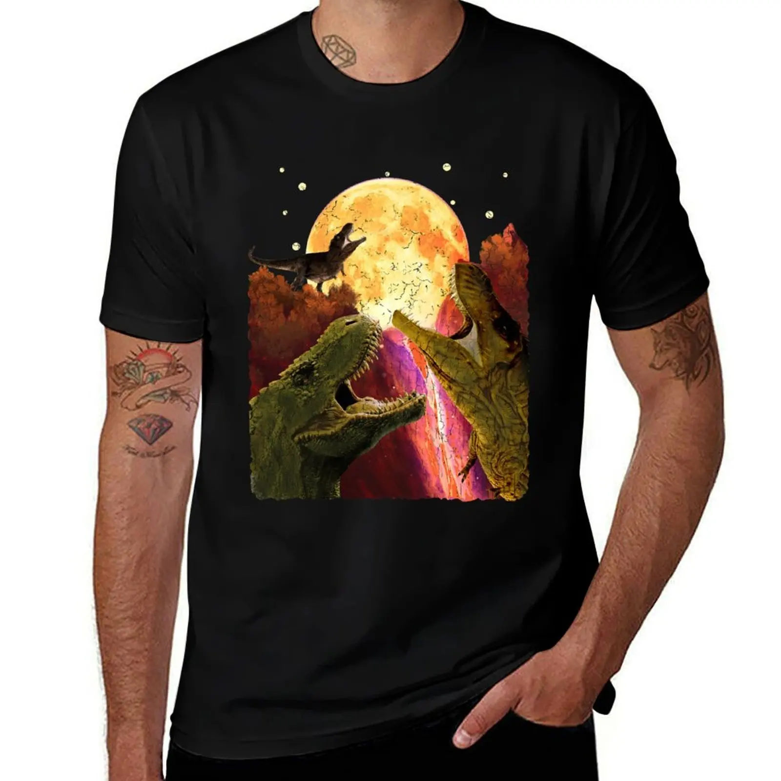 T-Rex Three Dinosaurs Howling At Moon Like Three Wolves T-Shirt cotton t-shirt plain for man package T-Shirt