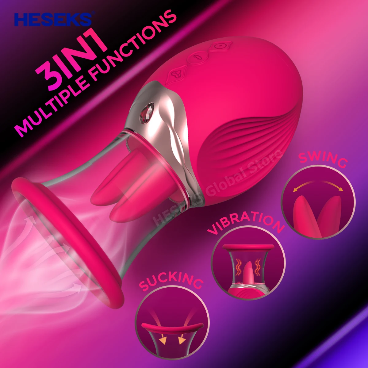 HESEKS Vacuum Sucker Tongue Licking Vibrator with 2 Sucking Cup Nipple Massager Clitoris Stimulator Rose Sex Toys for Women 18+