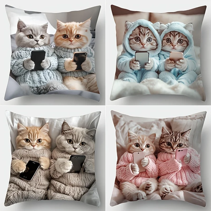 4 New Pillow Covers Featuring Cats Wearing Glasses Sitting Beside A Stack Of Books Some Reading And Others Looking