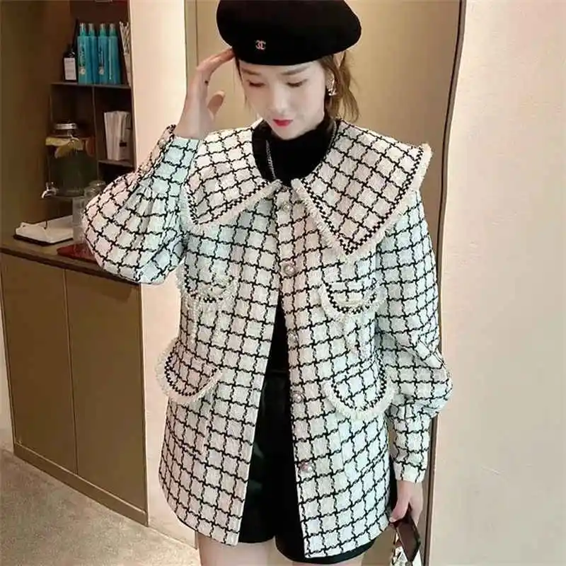 2026 New Thousand Bird Plaid Woolen Coat Women Autumn Winter Mid Long Doll Collar Knitted Woolen Blended Jacket Outerwear