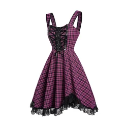Summer Dresses for Womens 2024  Plaid Check Print Lace Up Dress Lace Hem Sleeveless Zip Back Mini Dress