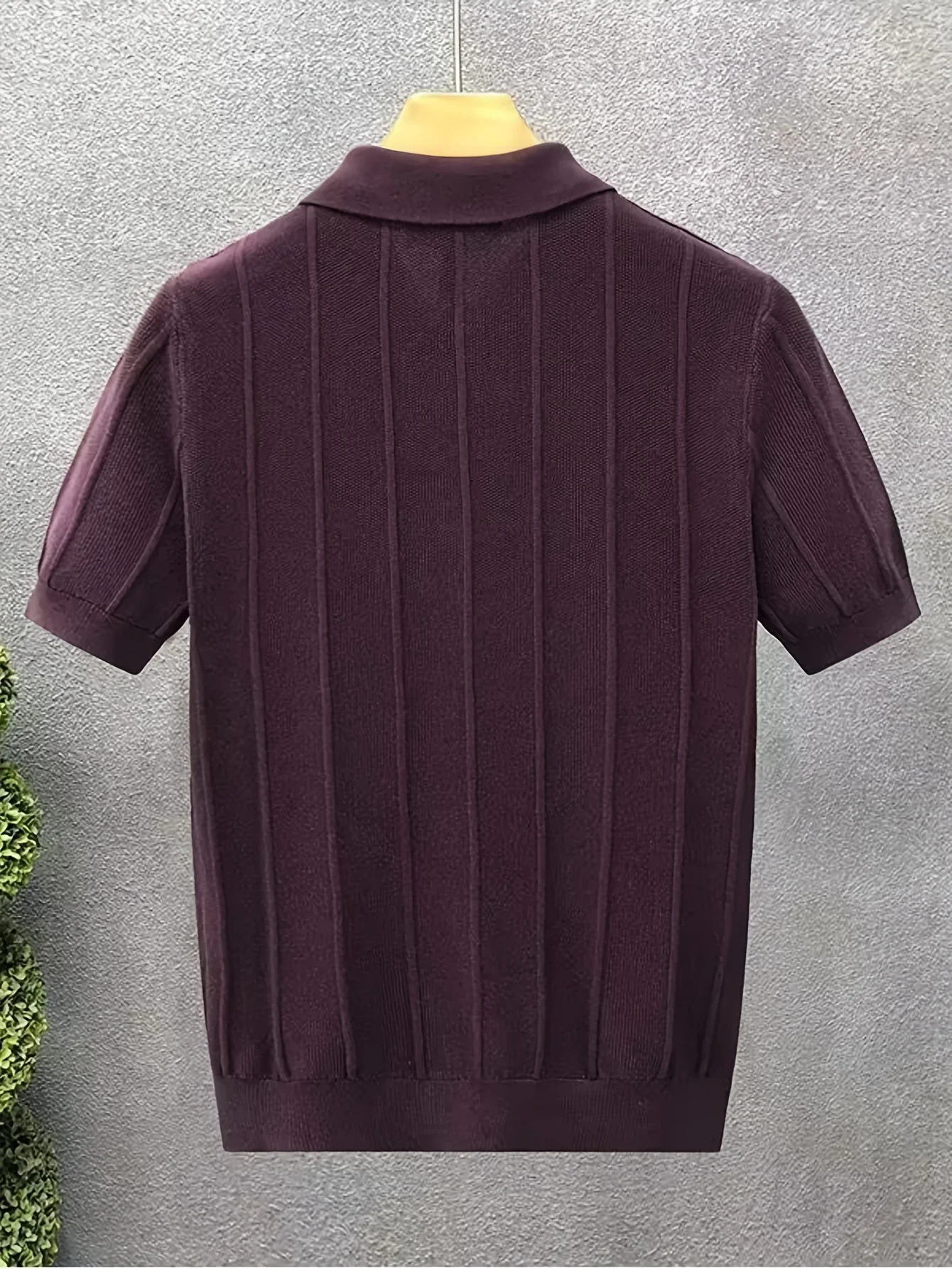 High-End Luxury Vertical Stripe Texture Short-Sleeved Polo Shirt Knitted Top for Men - Summer New Style Solid-Colored Collar Woo