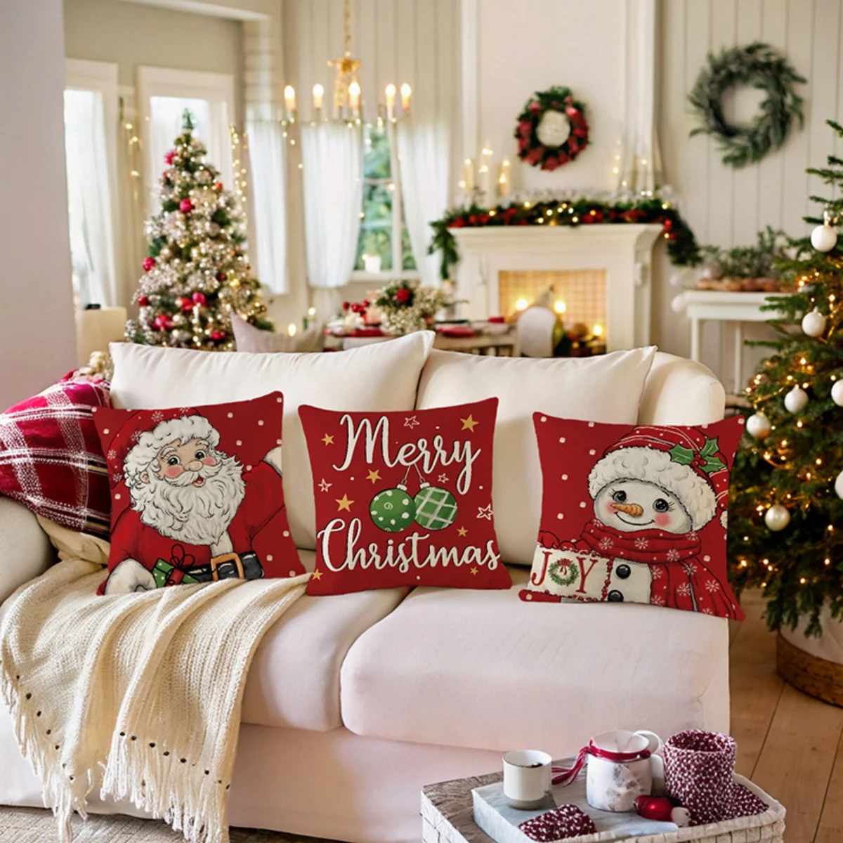 Red Background Santa Snowman Christmas 4Pcs Throw Pillow Covers, Home Decor Cushion Cases for Sofa Bedroom