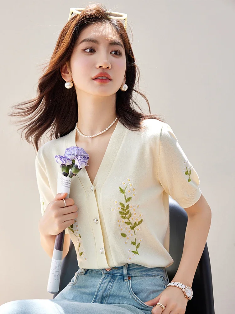 2024 Summer New Embroidery Knitted Cropped Cardigan Women V-neck Single Breasted Short Sleeve Sweater Casual Knitwear Tops