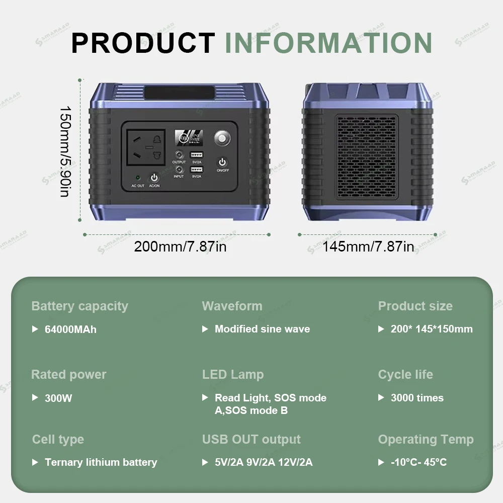 300 Watts Portable Power Station Solar Generator Modified Wave System External Battery Flashlight Remote Control-Car Backup Pack