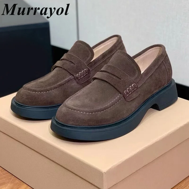 New Retro Thick Bottom Loafers Women Round Toe Cow suede Flat Shoe Spring Autumn Commuter Shoes  Walking Shoes Single Shoes