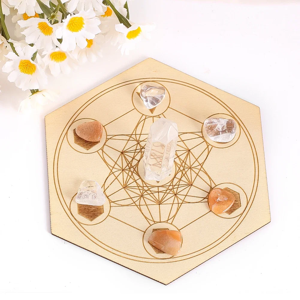 2PC Hexagonal Wooden Pad Creative Metatron Cube Pattern Decoration Home Office Decoration Crystal Stone Placemat Cup Mat Crafts