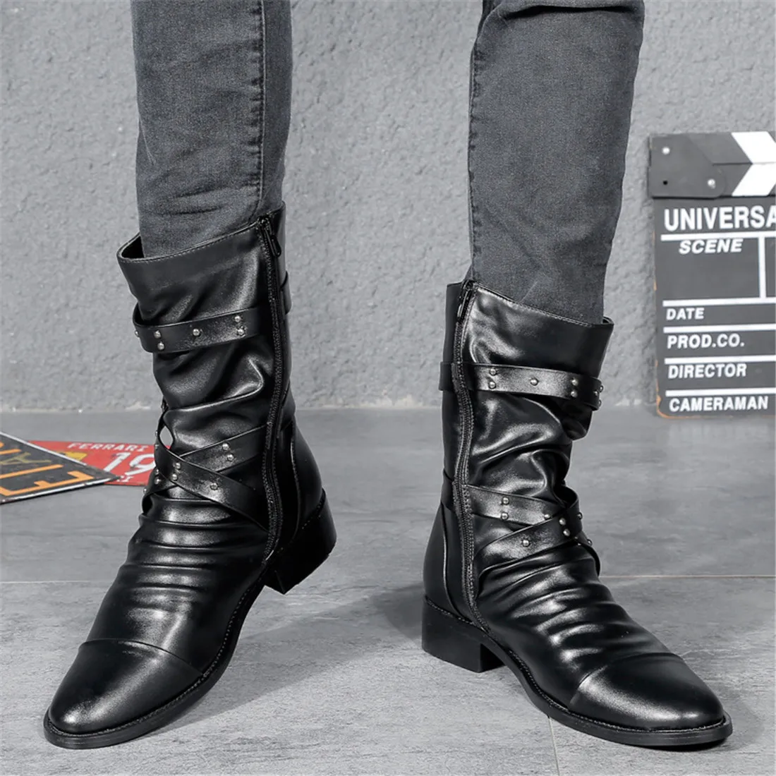 

Men`s Punk Gothic Rivet Motorcycle PU Faux Leather Cowboy Boots Rock Black Concerts Night Club Halloween Boots With Studs